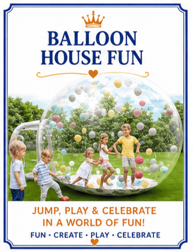 Children playing inside a large transparent ball filled with colorful balls outdoors in a park.