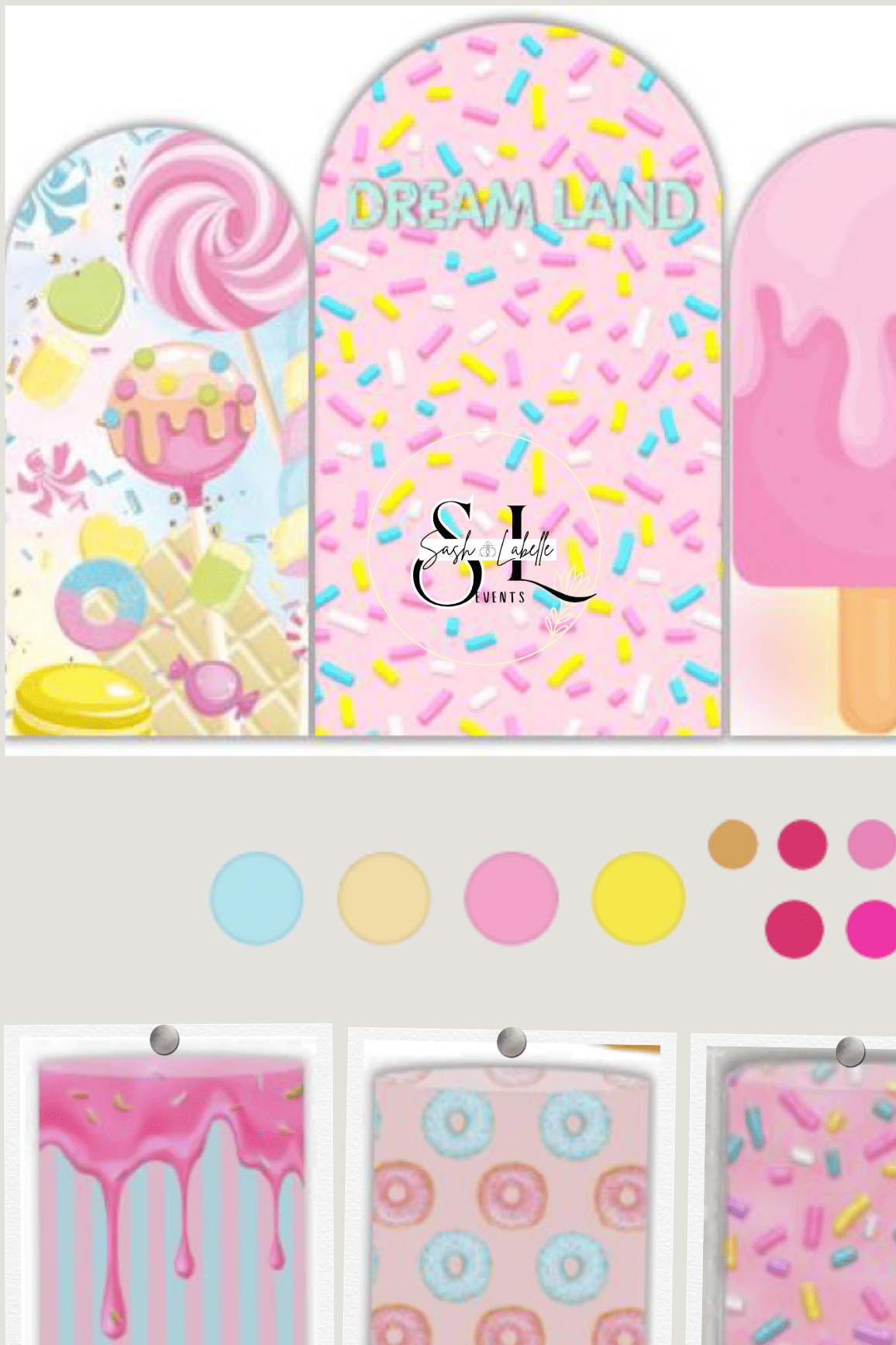 Collection of colorful ice cream and dessert pattern designs, including popsicles and sweets in pastel shades of pink, yellow, blue, and purple.