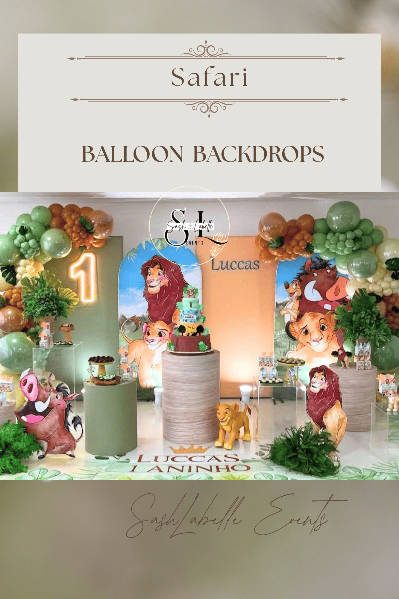 Party decorations with lion characters from The Lion Guard, balloons, and themed dessert table for Lucas's first birthday celebration.