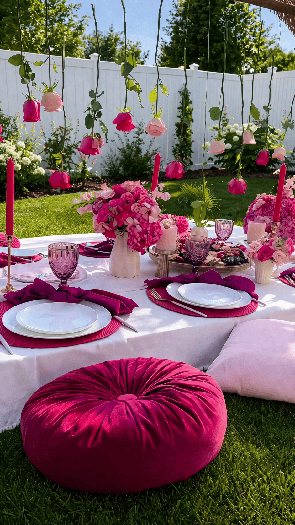 An outdoor garden setting with a table decorated for a celebration, featuring pink flowers, candles, and pink-tinted wine glasses. Hanging pink and cream flowers are displayed overhead, with a white fence and green trees in the background.