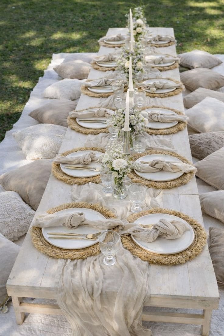 Outdoor dining table set with white plates, gold utensils, cloth napkins tied with twine, glassware, and floral centerpieces on a long wooden table surrounded by cushions and pillows on grass.