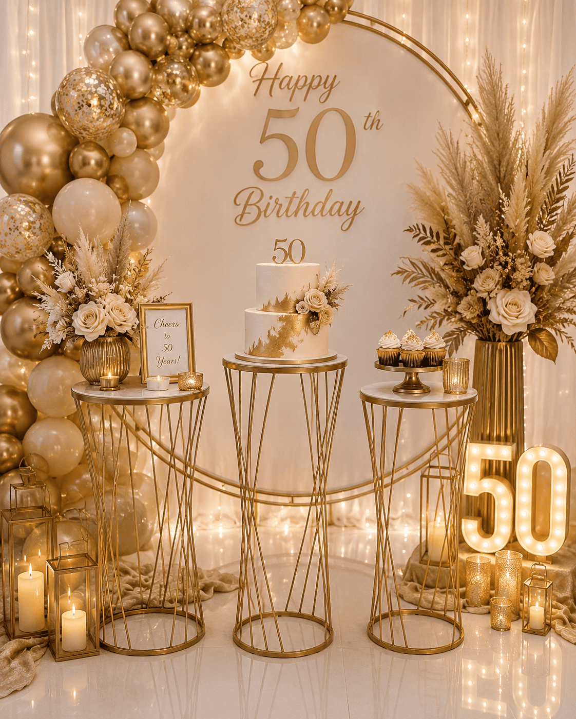 Elegant 50th birthday celebration setup with gold and white decorations, balloons, flowers, candles, and a cake on gold wire stands.