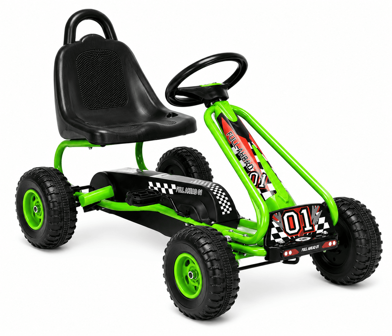 Green and black kiddie ride-on go-kart with a racing theme and the number 01 on the front.