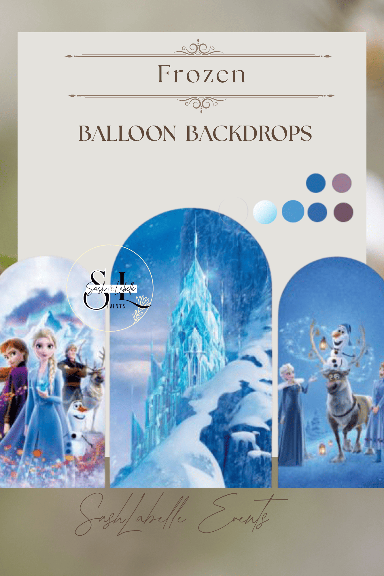 Display of frozen-themed balloon backdrops featuring characters from Disney's Frozen, including Elsa, Anna, Olaf, and Sven, with icy and snow-themed decorations and color palette of various shades of blue and purple.