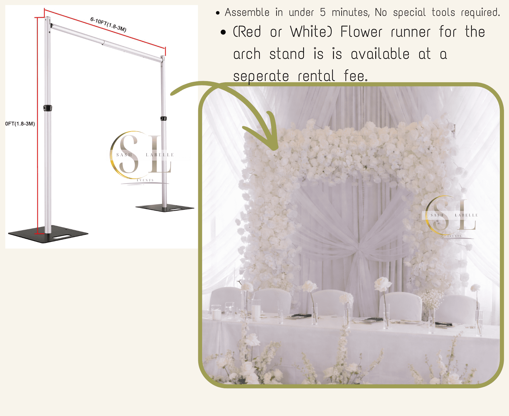 Instructions for assembling a white or red flower runner stand with measurements, suitable for event decor, with a background image of an elegant white wedding or banquet table decorated with white floral arrangements and draped fabric.