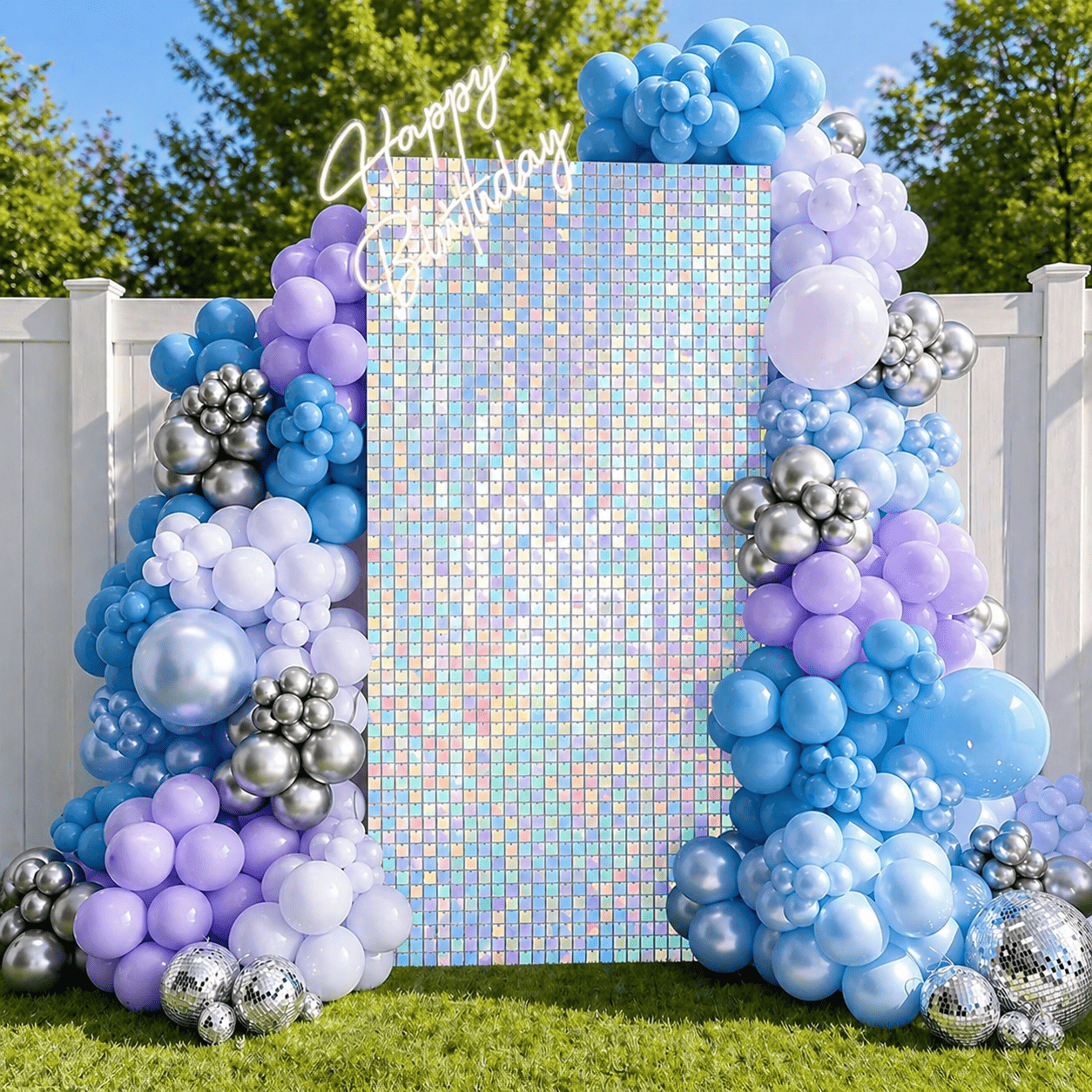 Colorful balloon arch with purple, blue, silver, and white balloons surrounds a holographic photo backdrop with a neon sign that says 'Happy Birthday' outdoors on a grassy lawn.