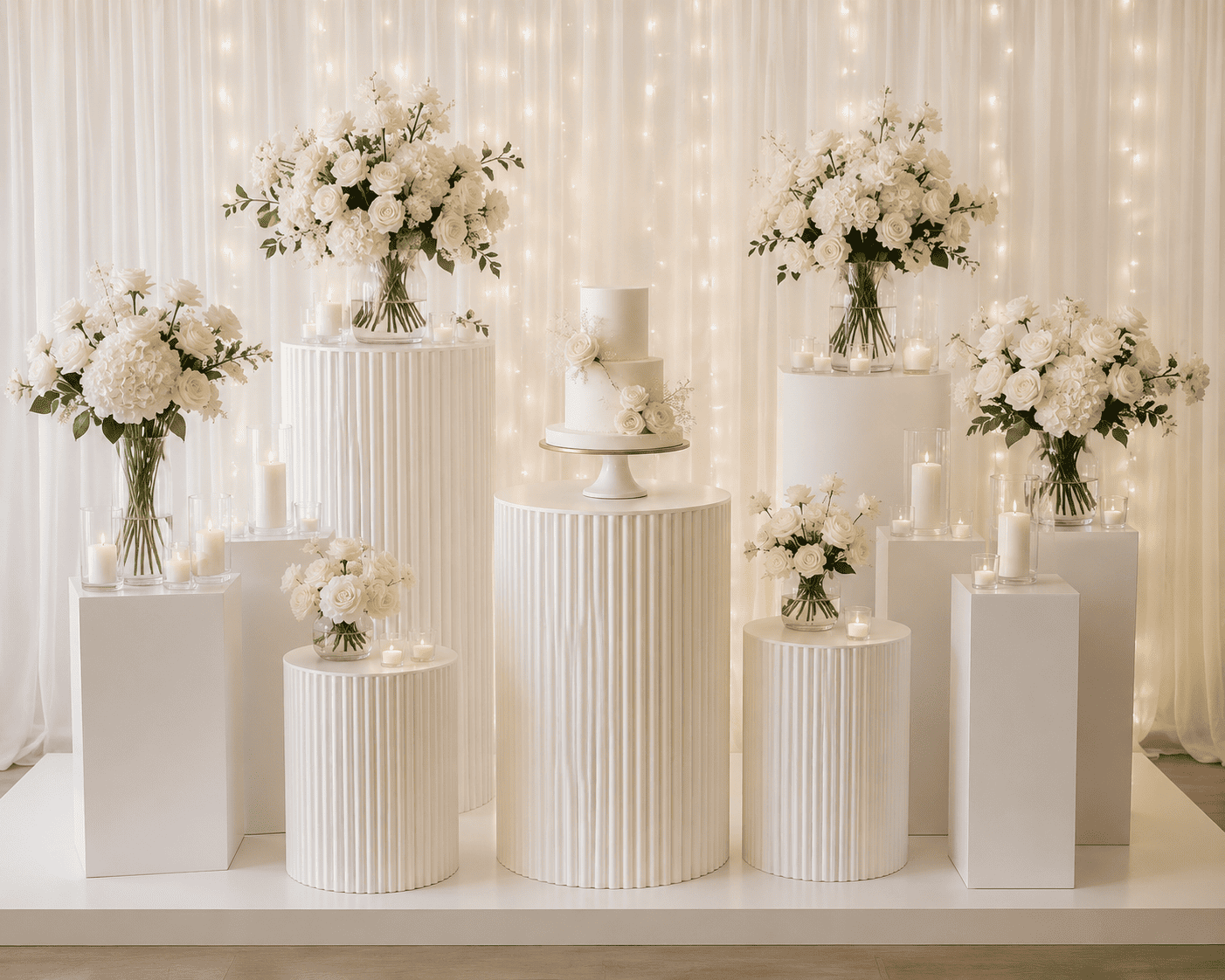 Elegant wedding decoration with white floral arrangements on various-sized white pedestals and candles, set against a backdrop of softly lit curtains.