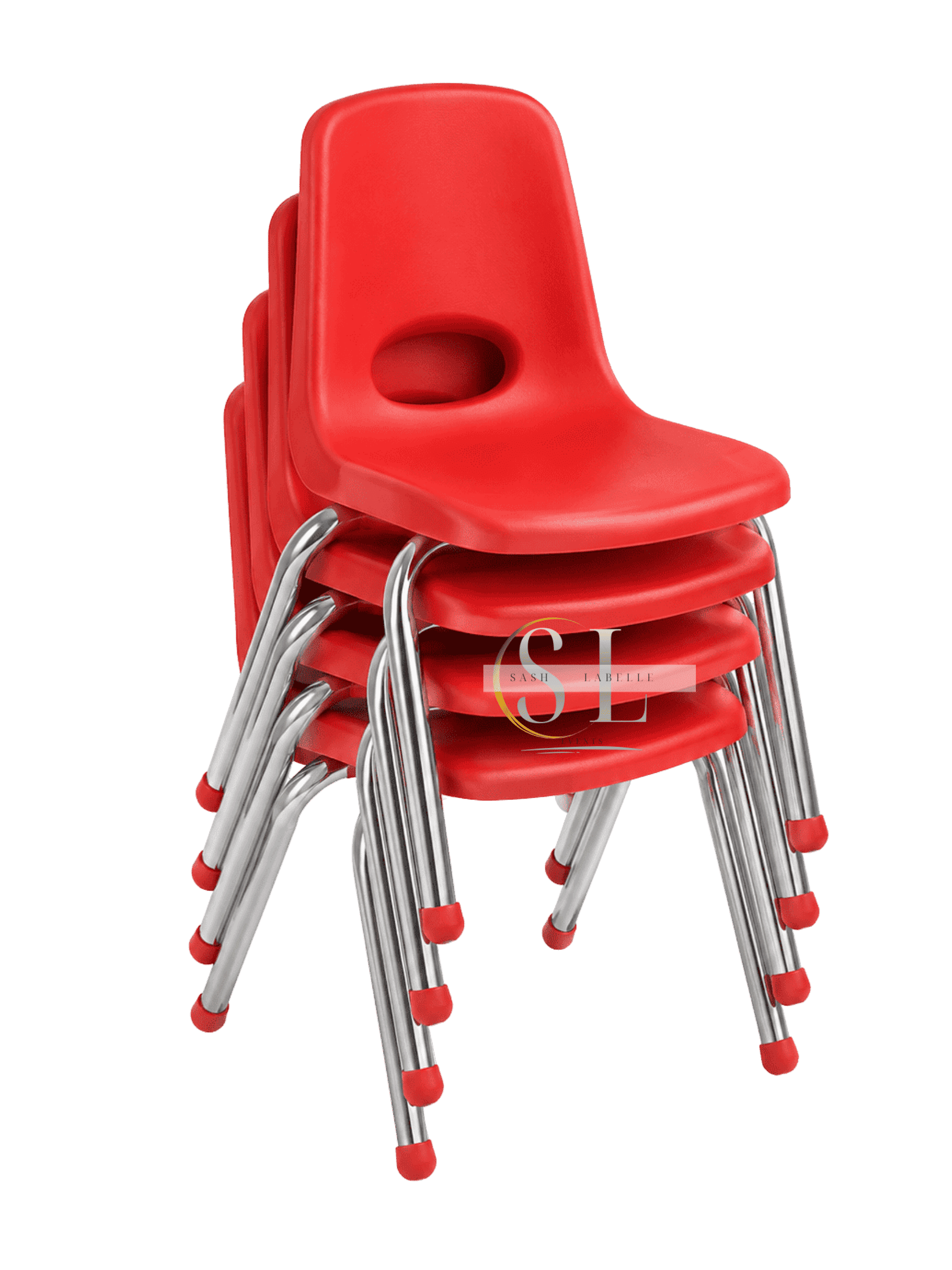 Stack of red chairs with metal legs, arranged in a tower, some with a hole in the seat back.