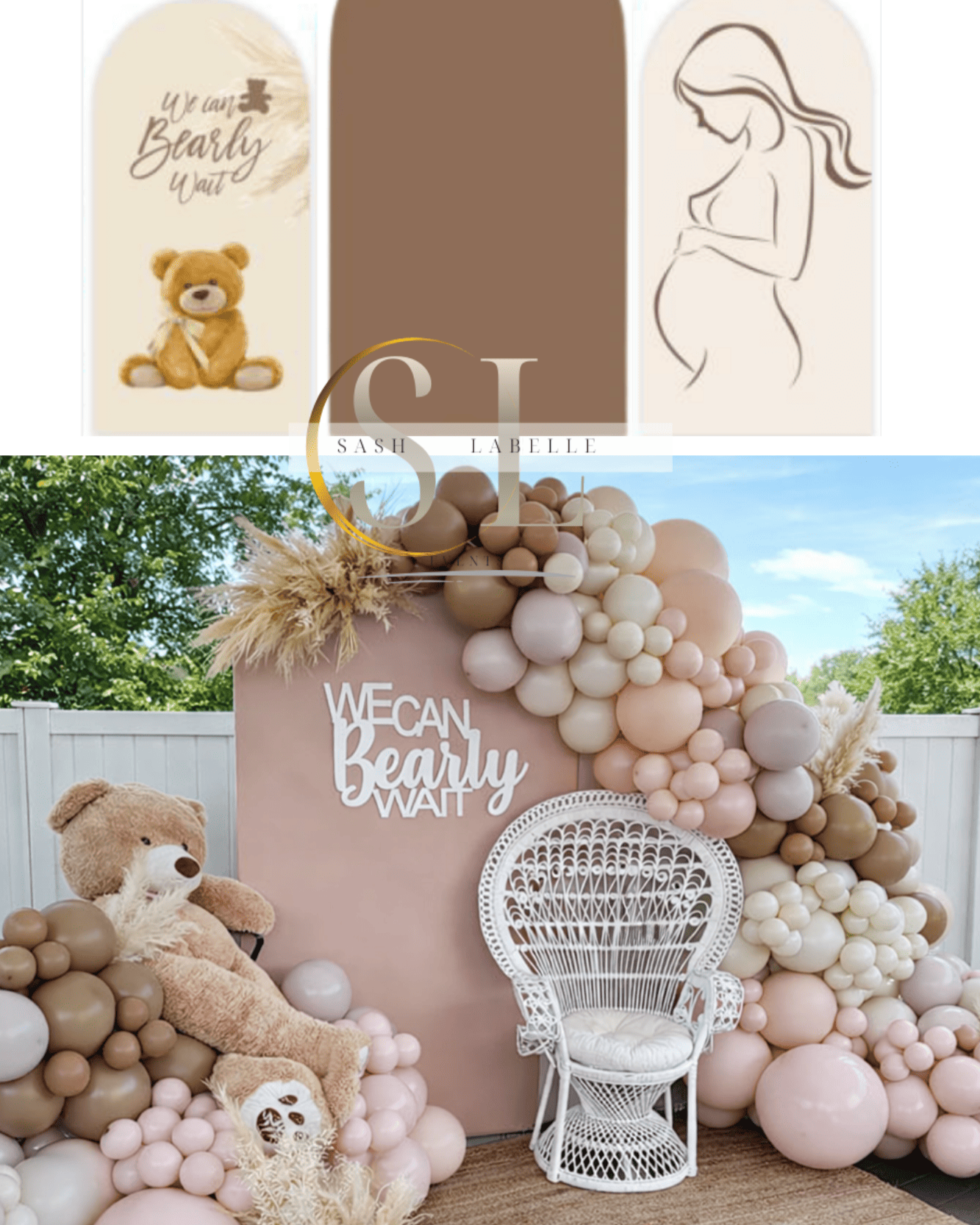 Outdoor celebratory setup with a pink backdrop, balloon garland in neutral colors, plush teddy bears, a white decorative chair, and a sign that says "We Can Bearly Wait" with greenery and white fence in the background.