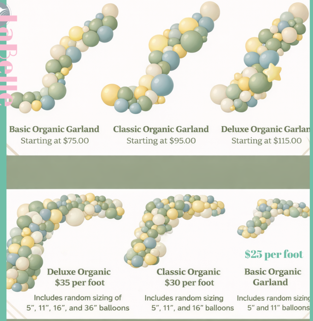 Advertisement for different styles of organic garlands, with prices for each type and options for balloon sizes and prices.