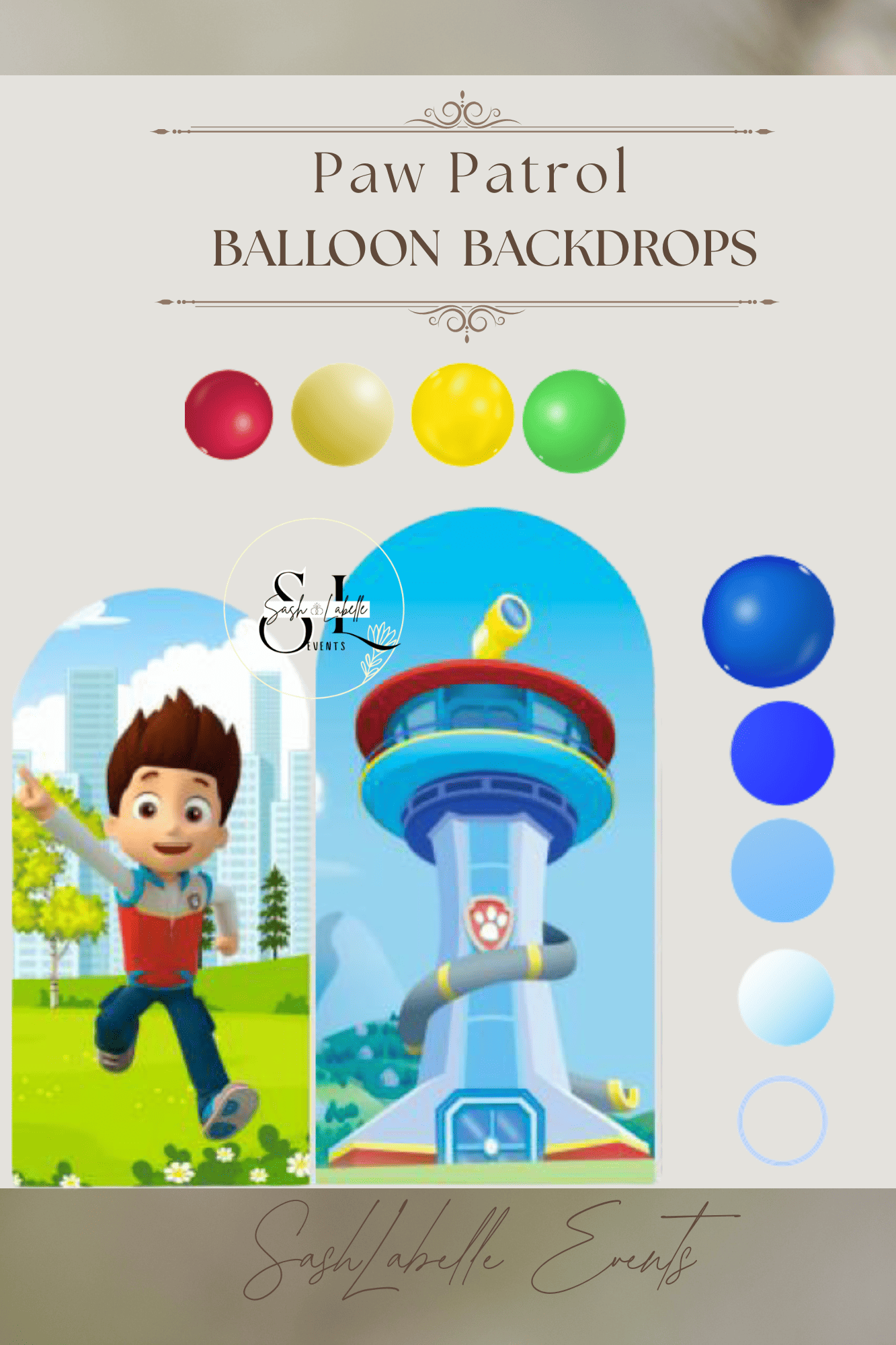 Colorful balloon backdrop for Paw Patrol themed event, featuring illustrations of characters and a tall tower.