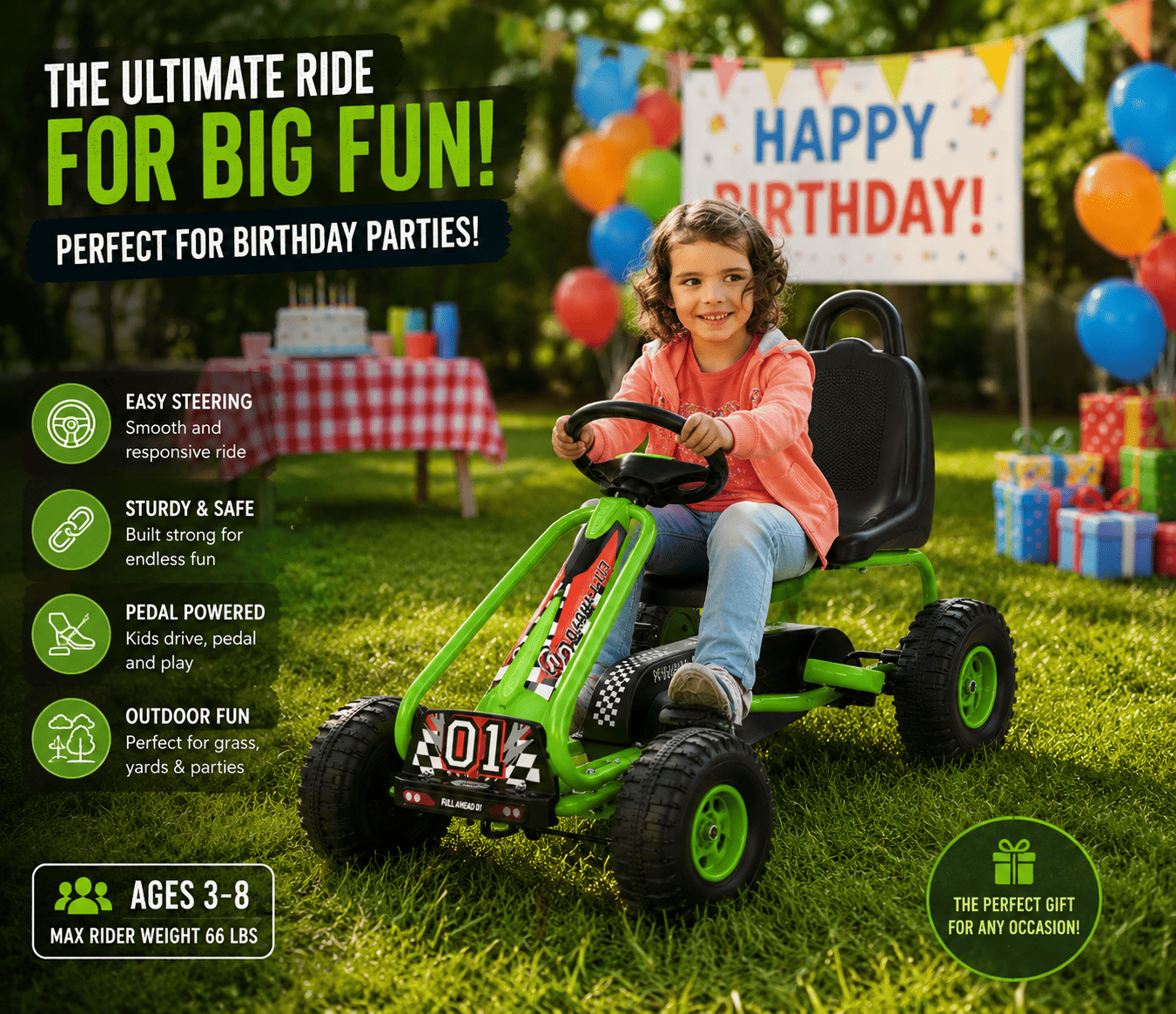 A young girl riding a green pedal-powered toy car on a grassy field at a birthday party, with colorful balloons and a birthday banner in the background, and a table with a cake and presents nearby.