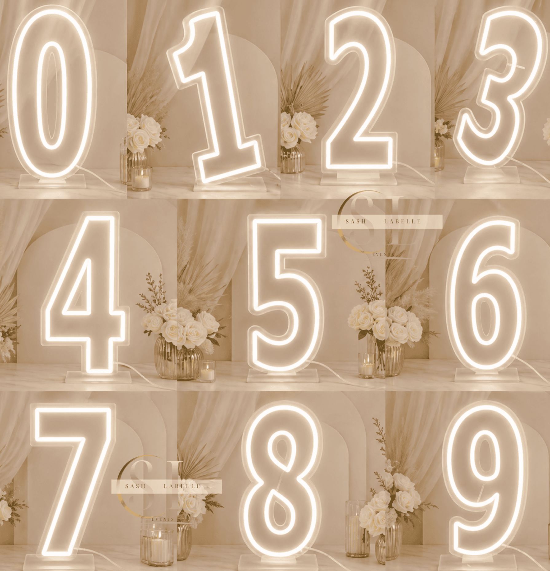 Decorative illuminated numbers 0 through 6 arranged in two rows, with flowers and candles on a marble surface.