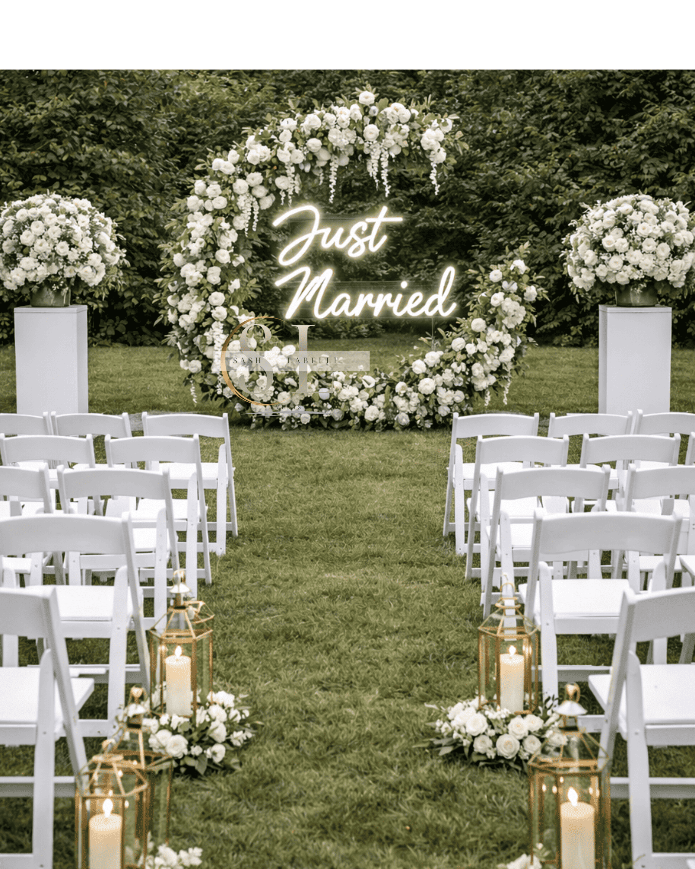 Wedding ceremony setup with white chairs, floral arches, and lanterns with candles on grass, featuring a neon sign that reads "Just Married" in front of a leafy green background.