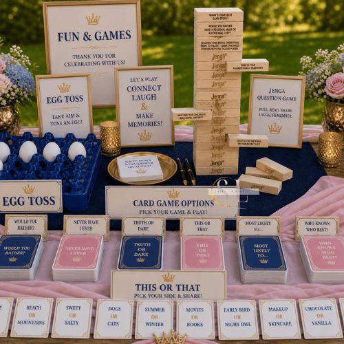 Table set up for a fun game night with signs, cards, and game options, decorated with flowers and gold accents.