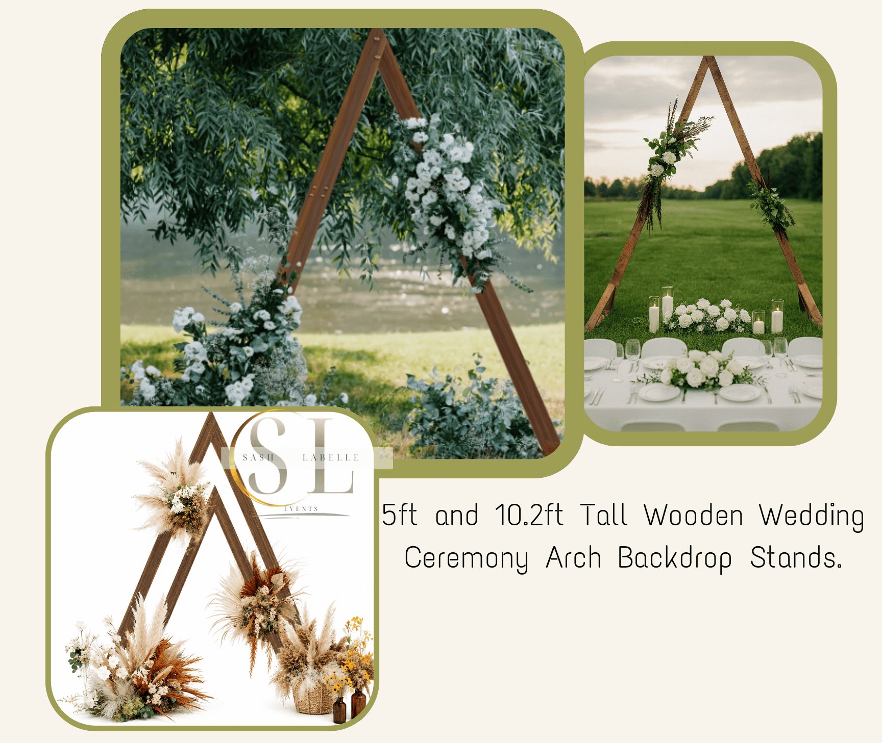 Images of wooden wedding ceremony arch backdrop stands decorated with white flowers and greenery, set outdoors on a grassy field with trees in the background. The stands are 5ft and 10.2ft tall, designed for wedding ceremonies.