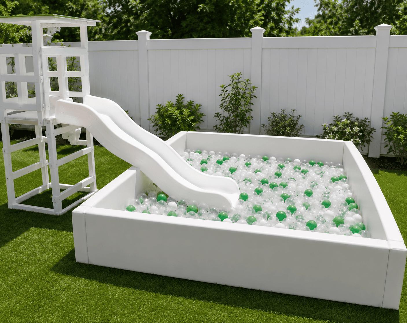 A backyard with a white plastic slide leading into a ball pit with white and green balls, surrounded by a white picket fence, and green shrubbery and trees in the background.