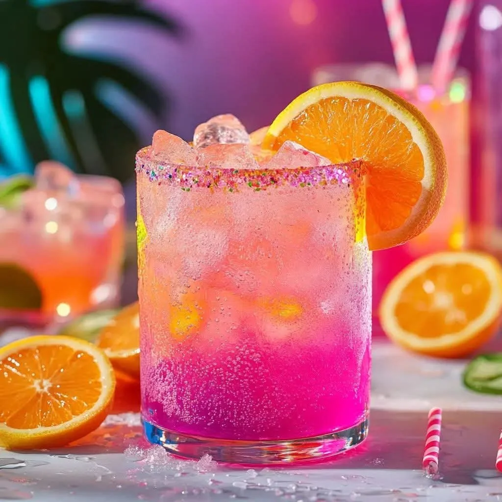 A colorful cocktail in a glass with pink and orange gradient, garnished with a slice of orange, served on a table with sliced oranges, and pink striped straws in the background.