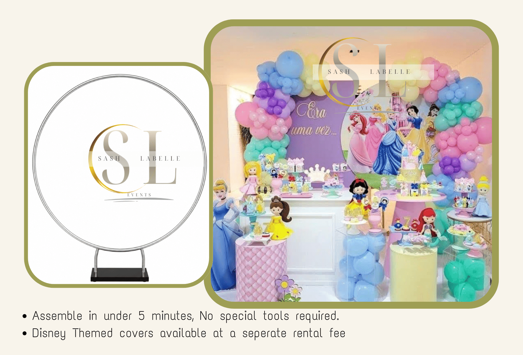 Party decoration with Disney princess theme featuring Rapunzel, Snow White, and Ariel, with pastel-colored balloons and themed cake displays.