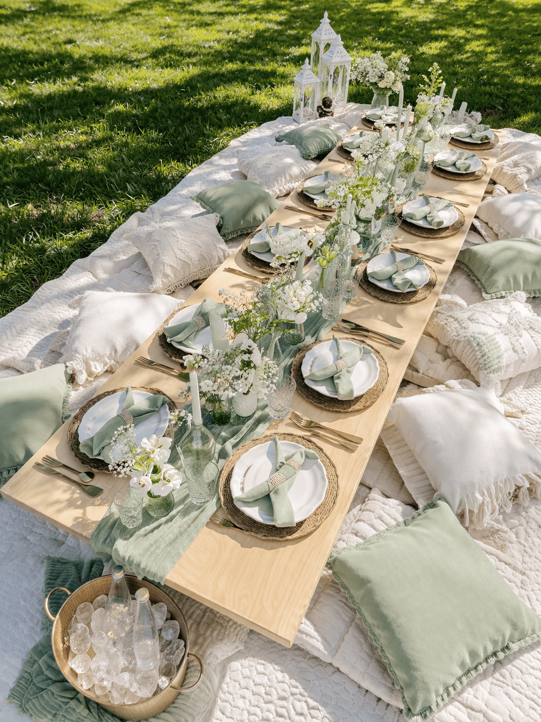 Outdoor picnic setup with a low wooden table, white and green pillows, floral centerpieces, candles, and tableware, on a grassy area.