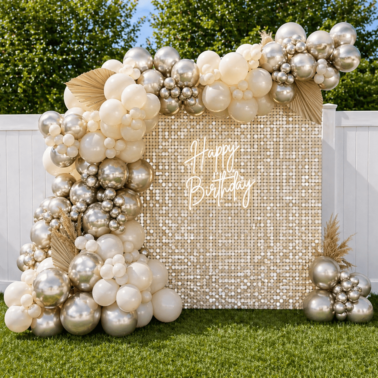 A birthday celebration backdrop with a gold and white balloon arch around a gold sequin wall. The wall has a neon sign that reads 'Happy Birthday'. There are decorative dried leaves and grass accents near the balloons, and the scene is set outdoors with a white fence and green trees in the background.