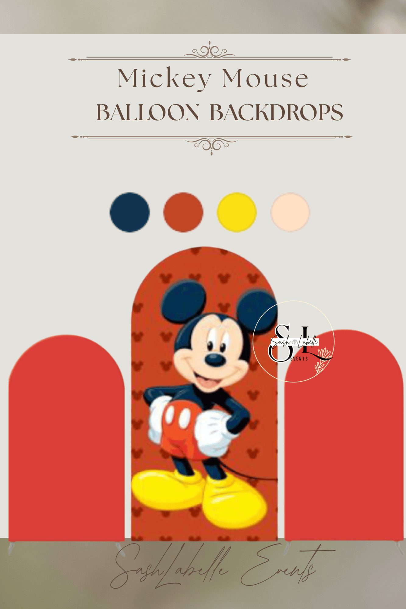 Invitation or banner for Mickey Mouse-themed balloon backdrops featuring an illustration of Mickey Mouse sitting on a yellow platform, with colorful balloons and decorative text.