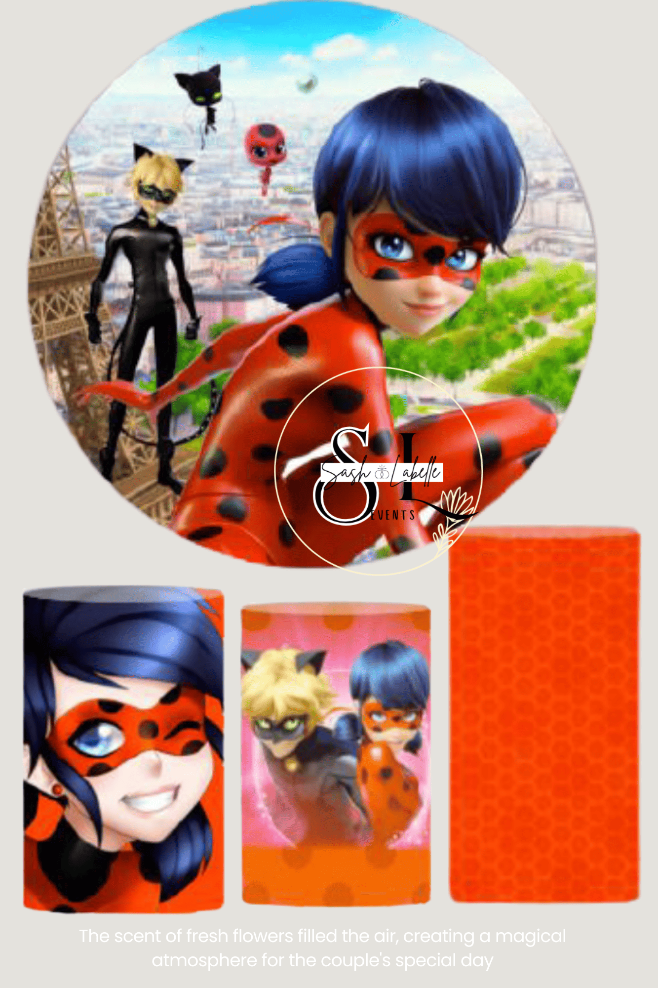 Image of a promotional graphic featuring characters from the animated series Miraculous Ladybug, including Ladybug and Cat Noir, set against a cityscape with the Eiffel Tower in the background. The graphic includes decorative elements and the logo of