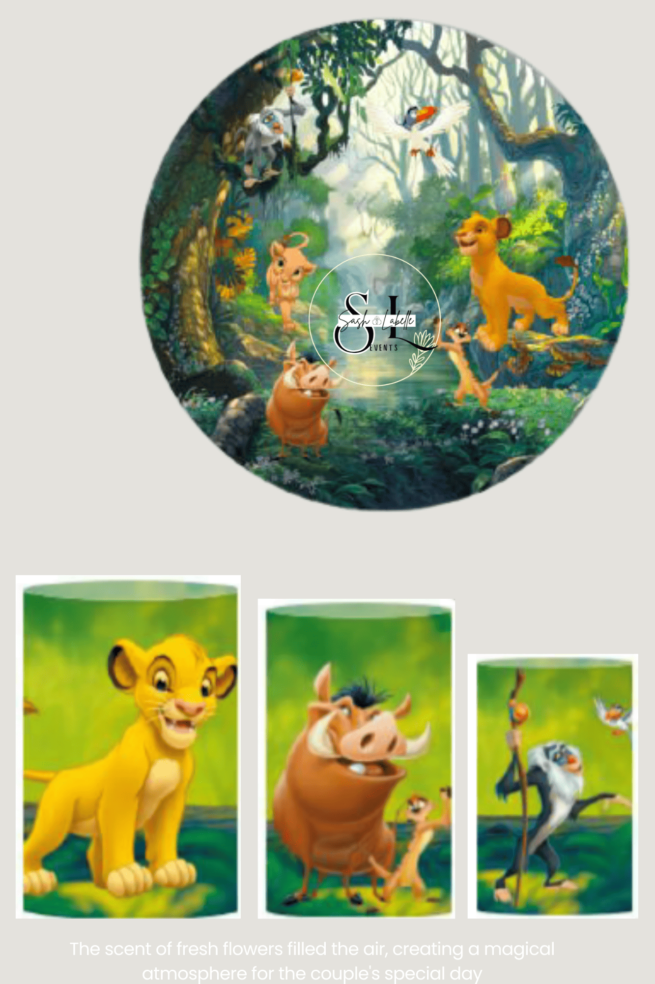 Illustration of a jungle scene with animated lion cubs, a meerkat, and birds, with a logo in the center reading 'Sash & Isabelle Events'.
