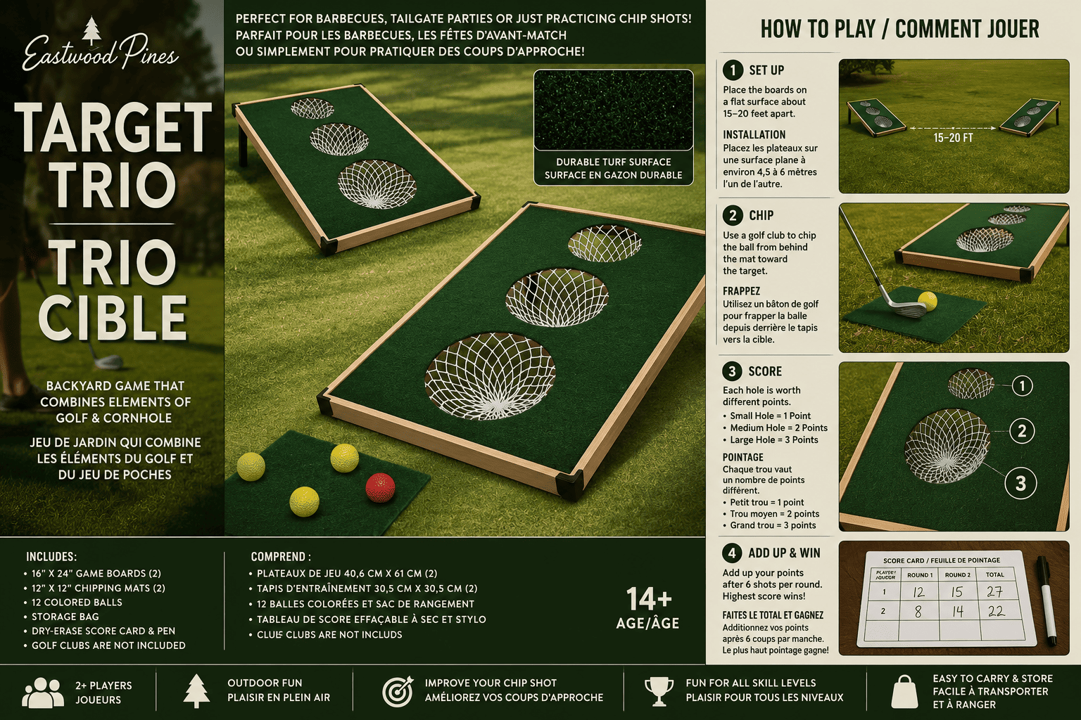 Back of a Target Trio game box showing game elements, instructions, and features for outdoor fun, suitable for ages 14 and up.