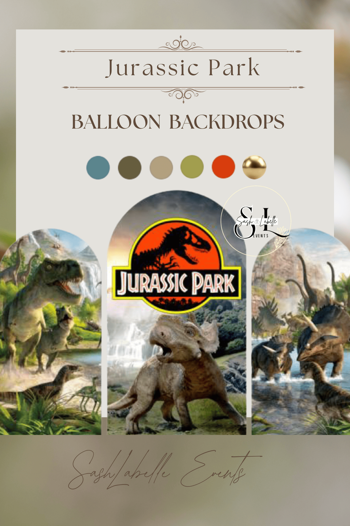 A promotional poster for Jurassic Park balloon backdrops featuring images of dinosaurs and lush prehistoric landscapes.