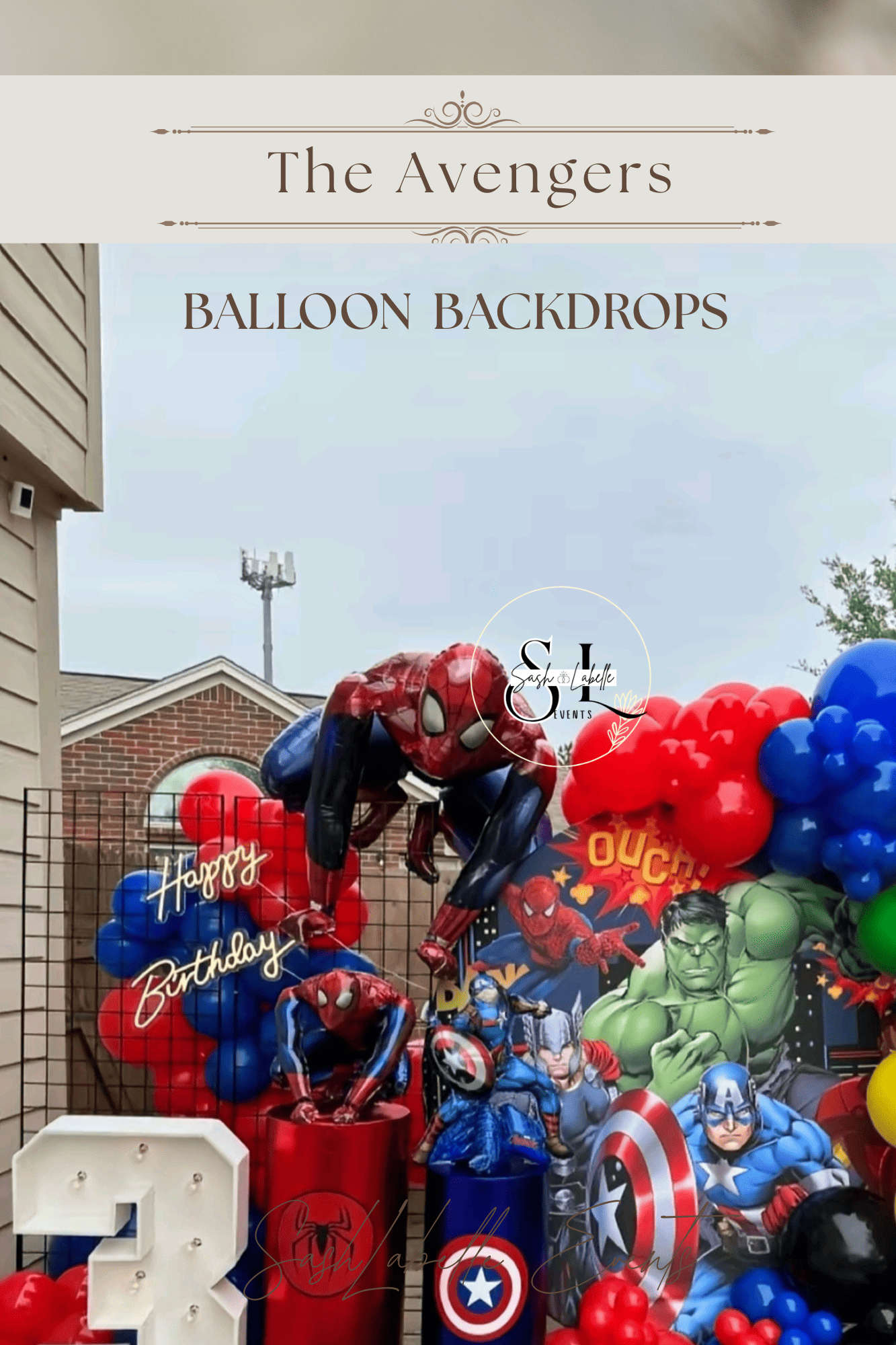 Superhero themed birthday party decoration with balloons featuring Marvel characters Spider-Man, Hulk, Captain America, and Black Widow, with a sign that says "Happy Birthday."