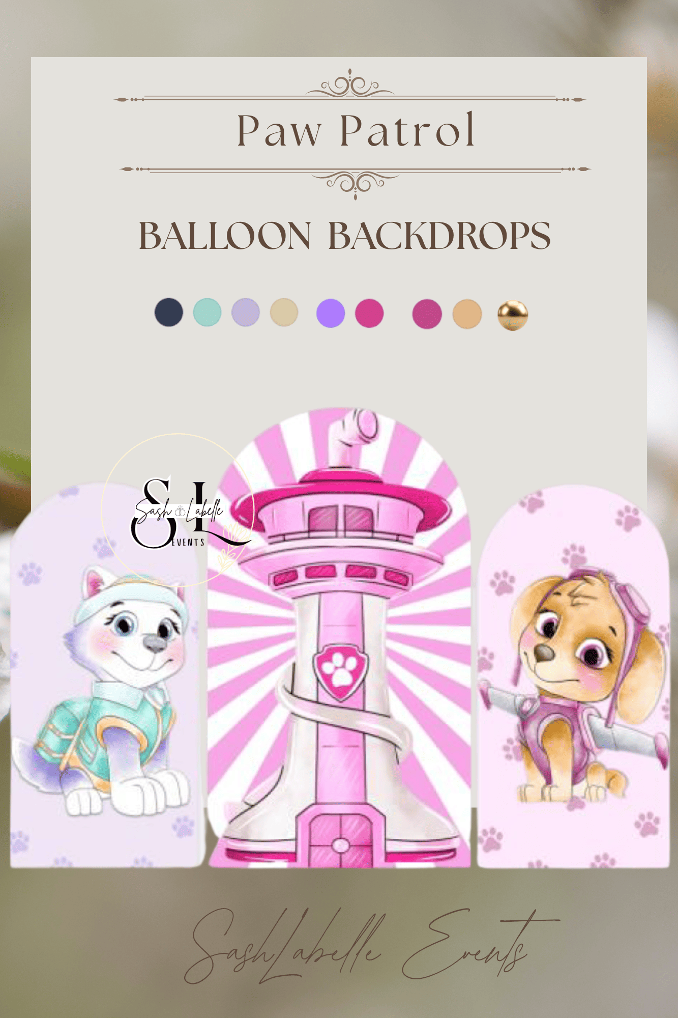 A promotional image for a Paw Patrol themed event or product featuring two animated puppies dressed as rescues, a large pink and white striped tower with paw print symbols, and a pastel color palette background with a selection of balloon color optio