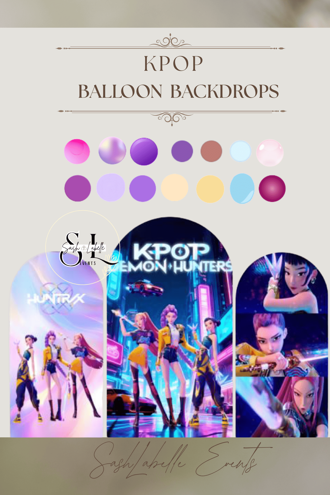 A digital display showcasing KPOP balloon backdrops and posters of various KPOP groups.