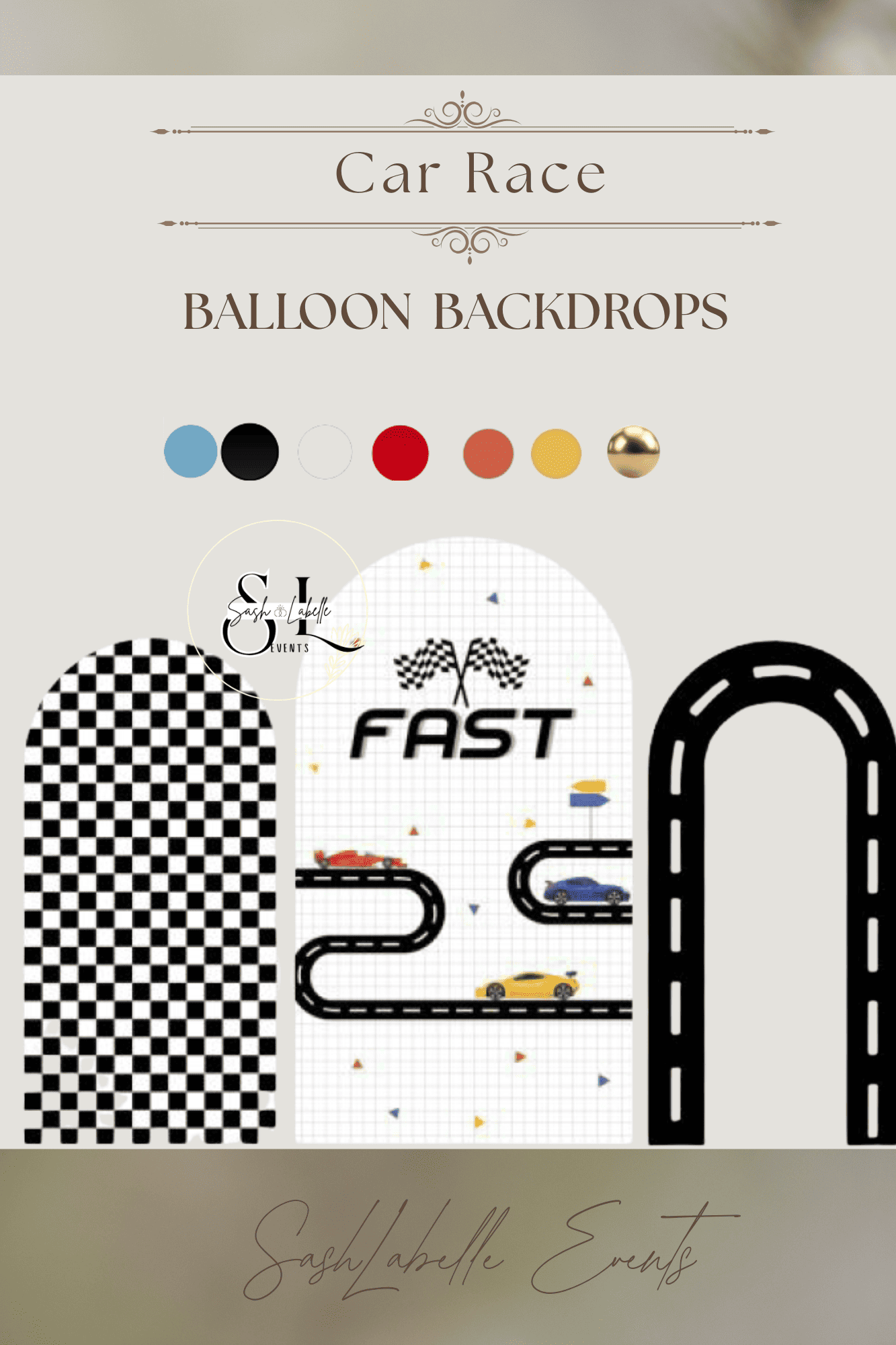 A promotional graphic for a car racing event with balloon backdrops, showing car illustrations on race track backgrounds, color palette options, and text indicating event details.