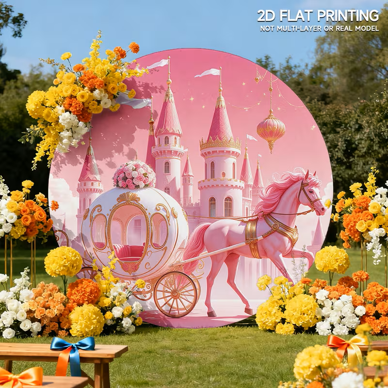 Pink castle backdrop with a pink horse-drawn carriage and colorful floral decoration in an outdoor setting.