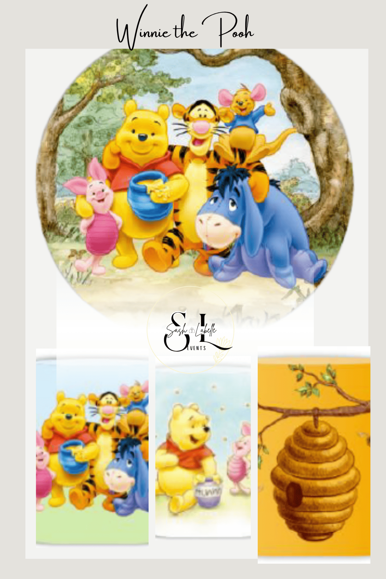Illustration featuring Winnie the Pooh, Tigger, Piglet, Eeyore, and a bee character outside among trees, with a honey jar and honeycomb in the background.
