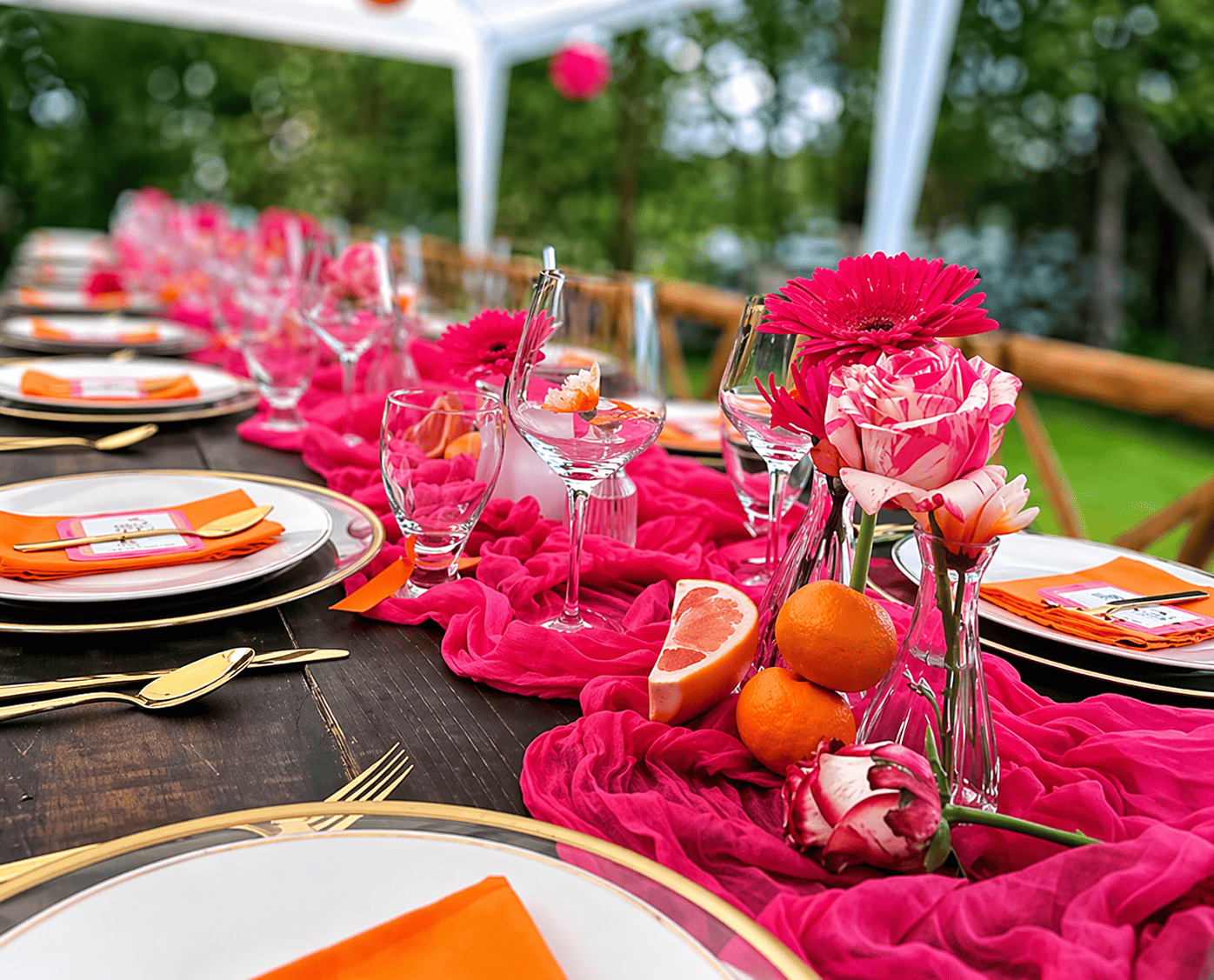 A colorful outdoor dining table decorated with bright pink flowers, oranges, grapefruit, and a pink cloth, set with gold cutlery, plates, and orange napkins.