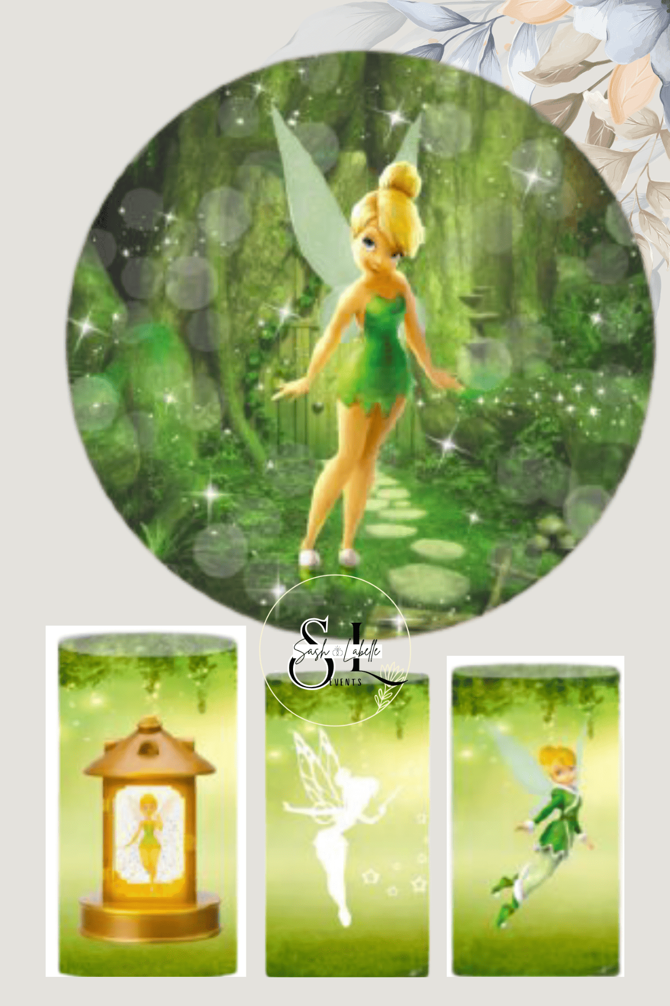 A digitally illustrated fairy with blonde hair in a bun, wearing a green dress and tiny wings, standing in a lush green forest with sparkles and soft lighting.