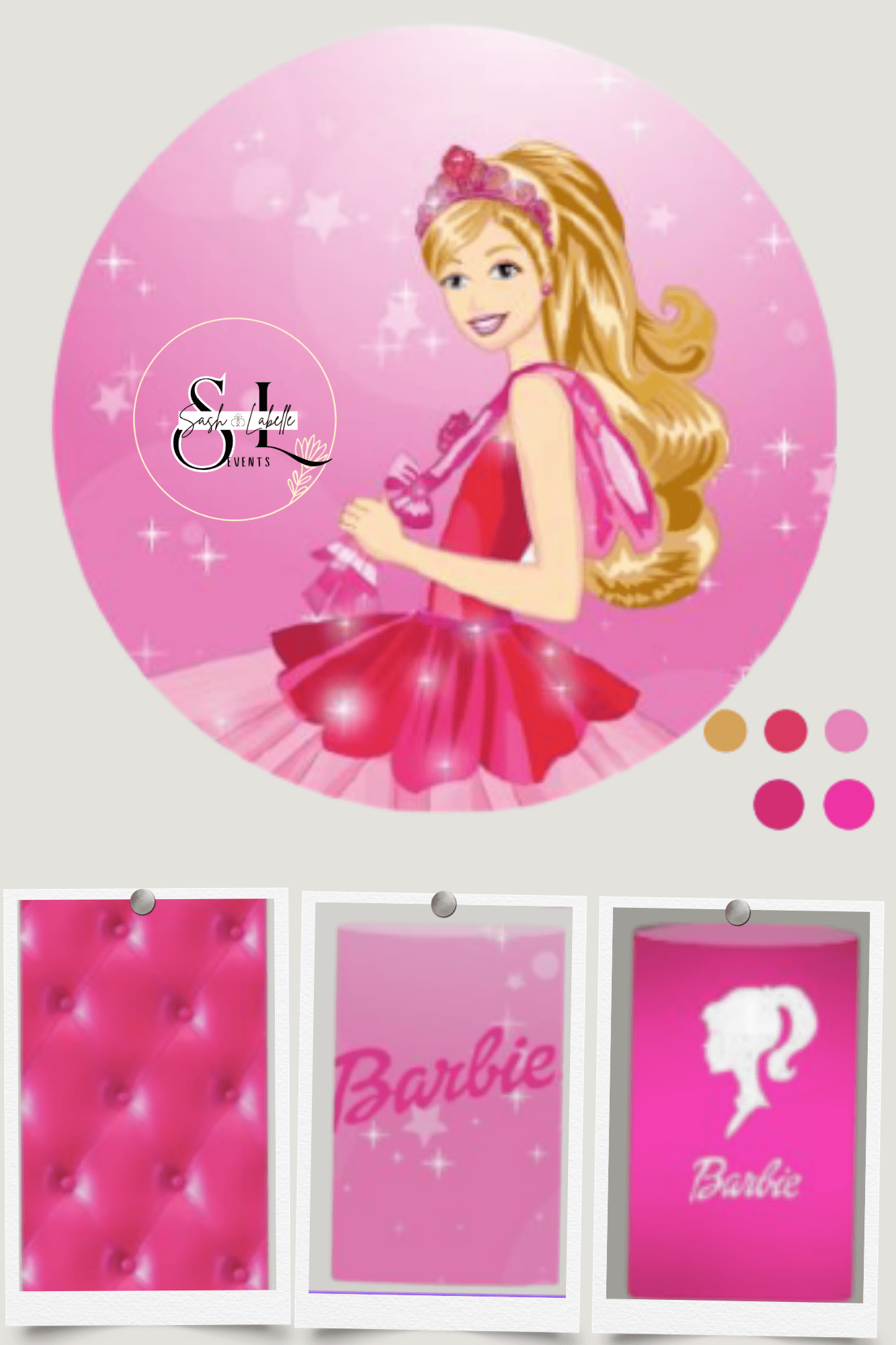 Circular pink sign featuring a cartoon illustration of a smiling girl with long blonde hair wearing a pink dress and flower hair accessories, surrounded by pink backgrounds with sparkles, stars, and bubbles. The sign includes a logo with the words 'S