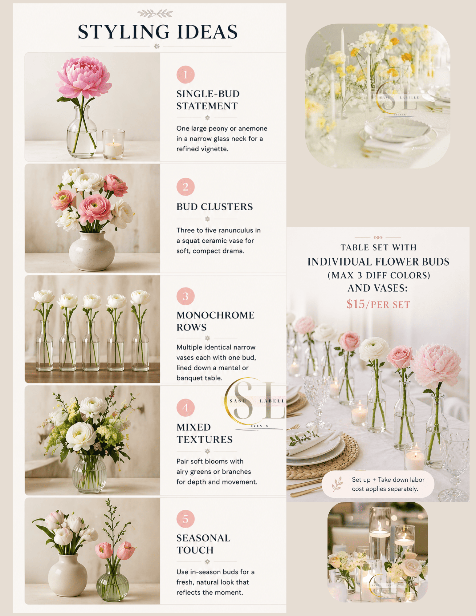 A wedding or event table setup with multiple clear glass vases of varying heights, each holding a single flower or arrangement of flowers in soft pastel colors, including white, pink, and peach. There are also candles and decorative accents on the table, creating an elegant and romantic atmosphere.