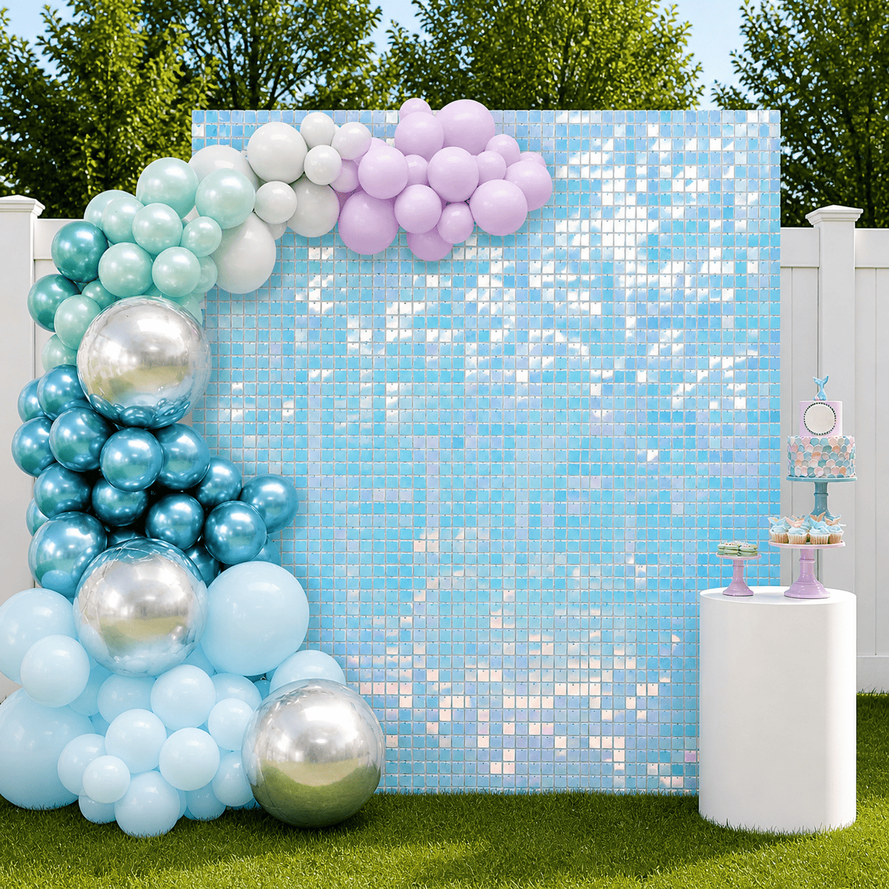 Decorative backdrop with balloons and cupcakes for a celebration event.