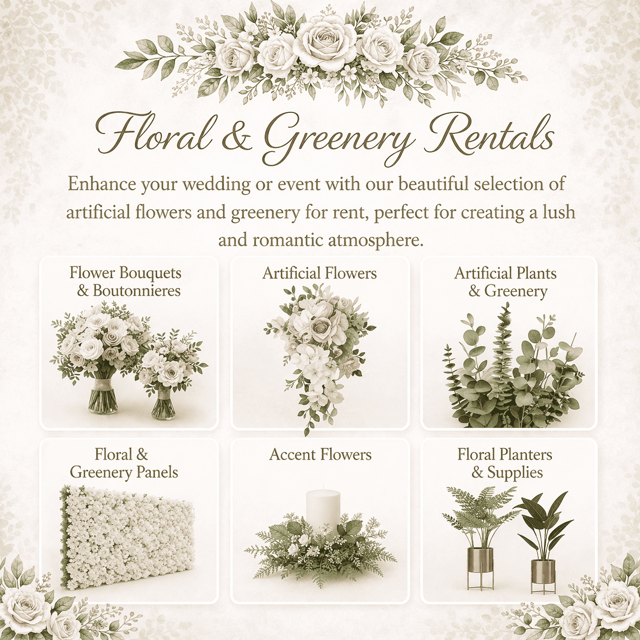 Floral and greenery rental services poster with illustrations of floral arrangements, artificial flowers, plants, panels, candles, and indoor planters on a beige background.