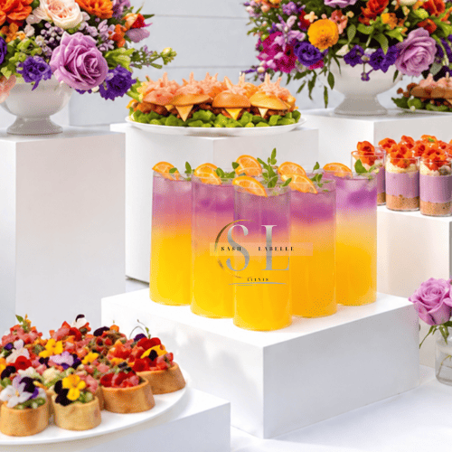 Colorful fruit cocktails with orange slices and mint leaves, surrounded by flower arrangements and small fruit tart desserts on white display stands.