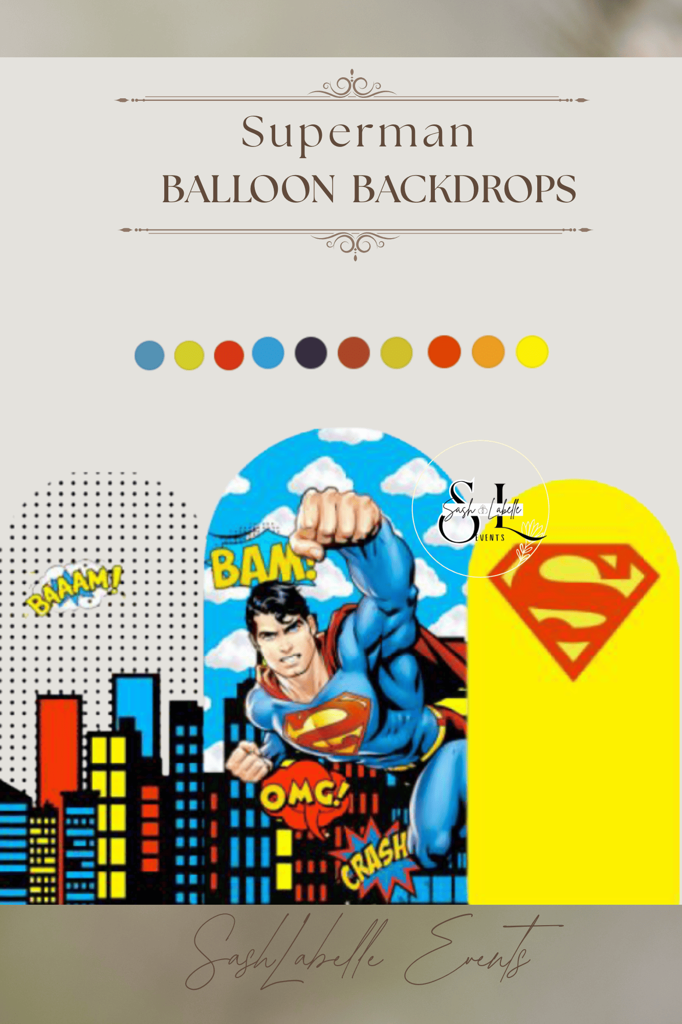 Superman comic-themed backdrop with colorful comic book sound effects like Bam!, Crash!, and OMG! featuring a cartoon image of Superman flying high above a city skyline background.