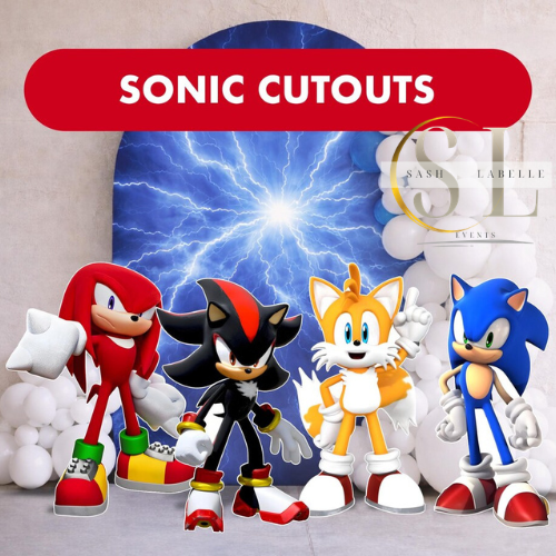 Sonic characters in front of lightning background with a sign that reads "Sonic Cutouts" and some balloons.