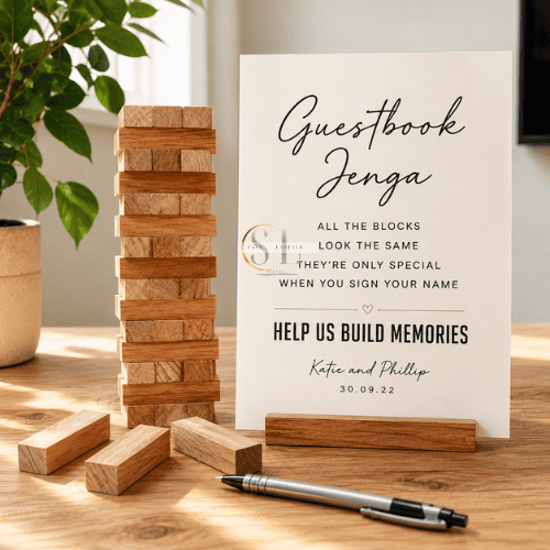 A guestbook sign on a table with a Jenga game, a potted plant, and a pen, inviting guests to sign and help build memories.