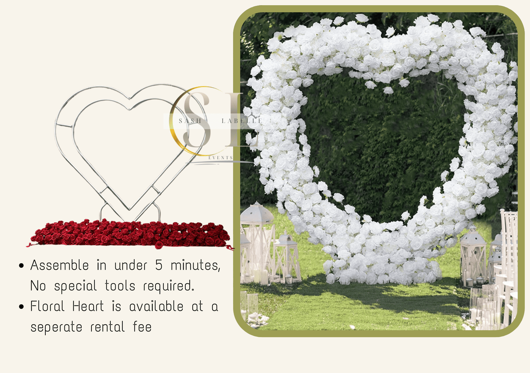 Heart-shaped floral wedding arch made of white roses, surrounded by lanterns and white chairs on a grassy outdoor setting.