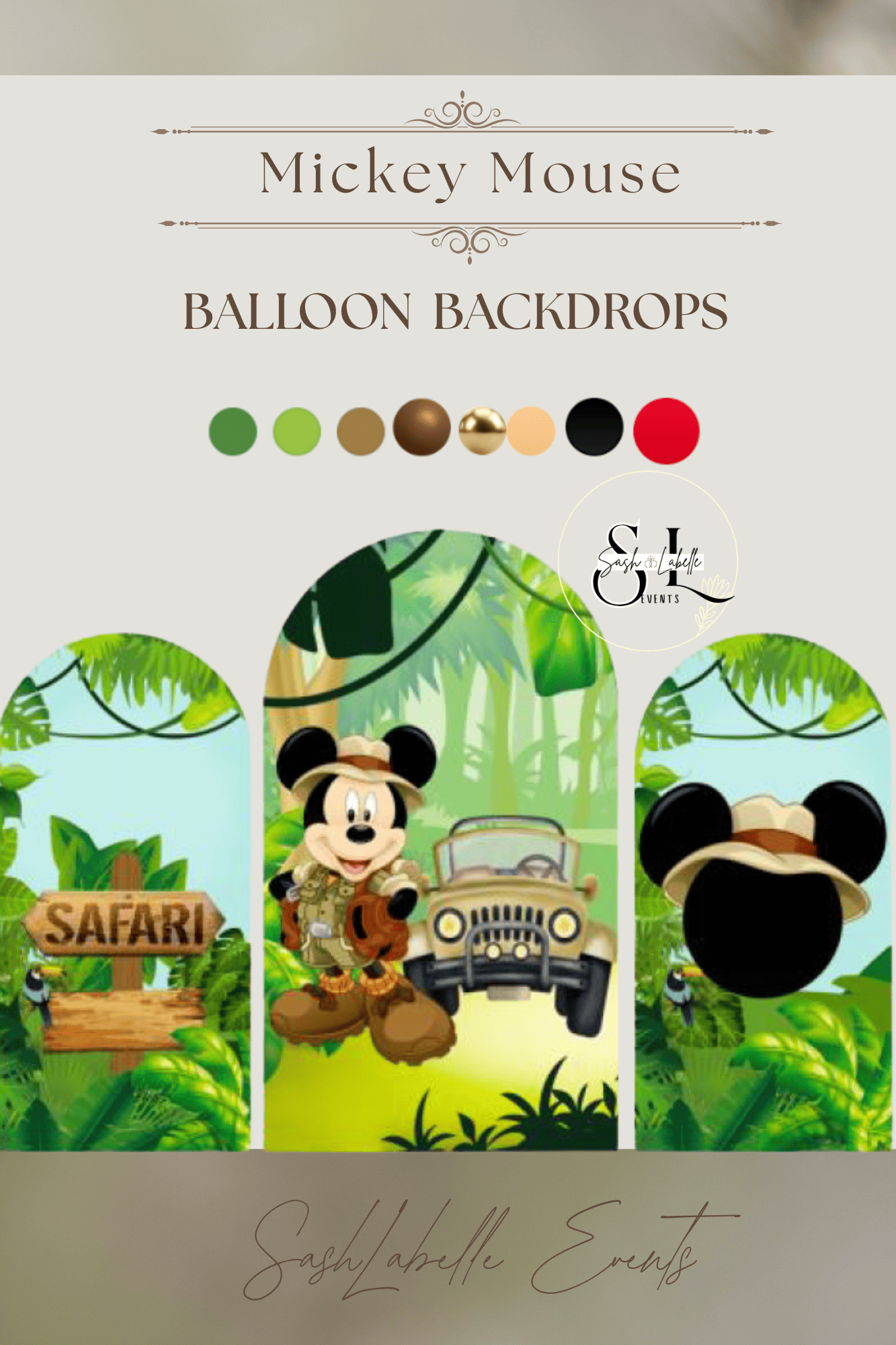 A promotional image for Mickey Mouse-themed balloon backdrops, featuring cartoon Mickey Mouse dressed as an explorer in a jungle setting, with a safari sign, trees, and green foliage, as well as color options for balloons at the top.