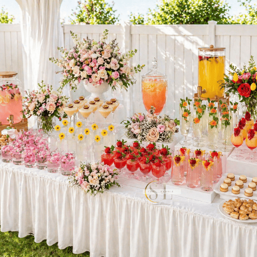 A table set up outdoors with various floral arrangements, pink lemonade, strawberry drinks, and desserts including cookies and macarons, on a white tablecloth against a white fence and green trees.