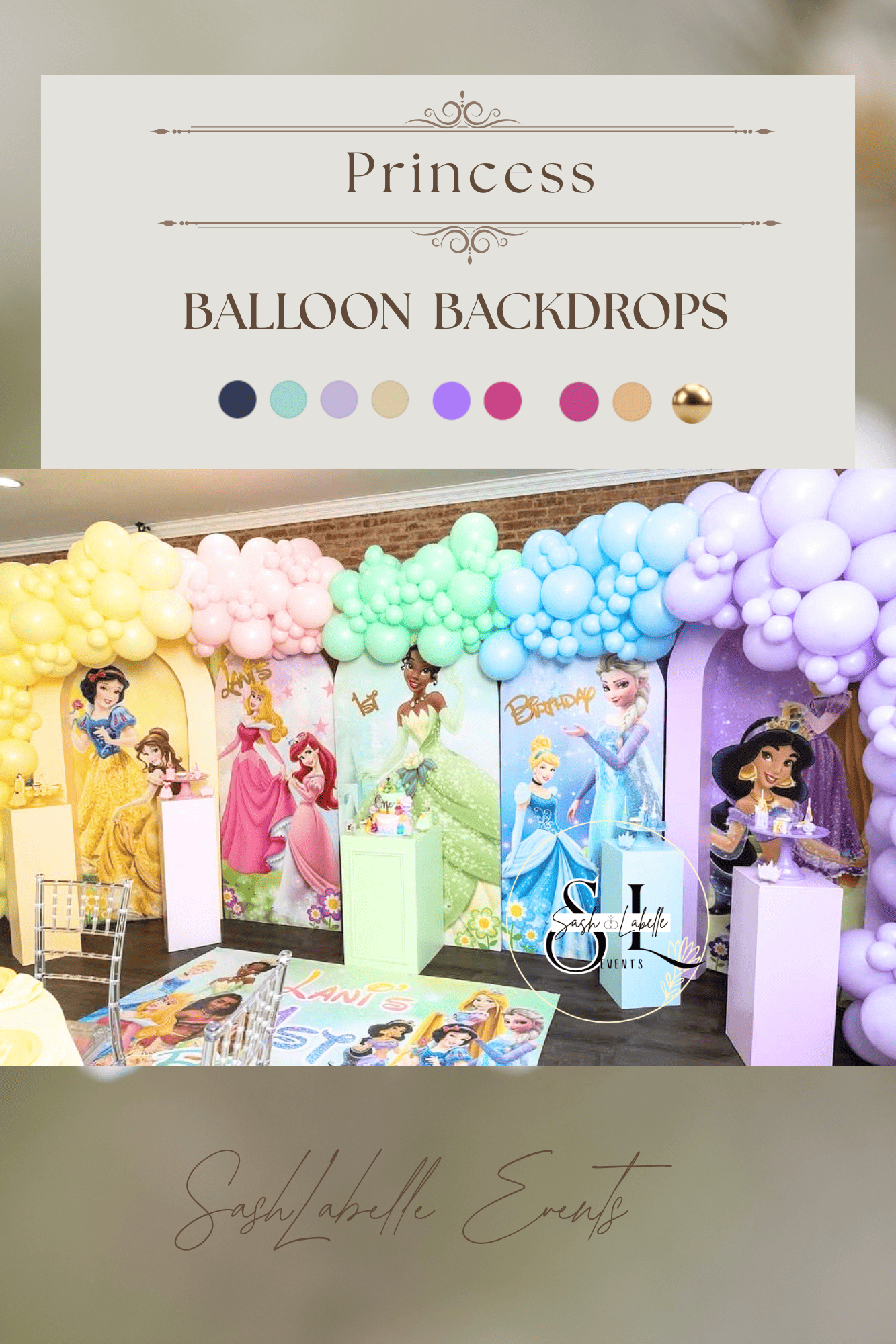 Party decoration with a princess theme, featuring balloon backdrops in pastel colors, princess posters, and a table with Disney princess decorations for a birthday celebration.
